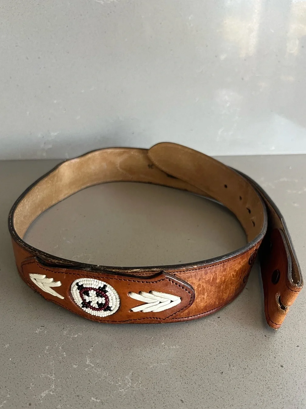 Wright Floral Tooled Leather Belt Beaded Inlay Patches Leather Stitching Men 34